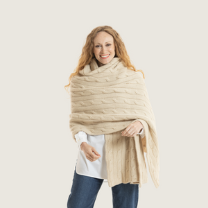 The Cashmere Knitted Cable Stole in Natural Sand