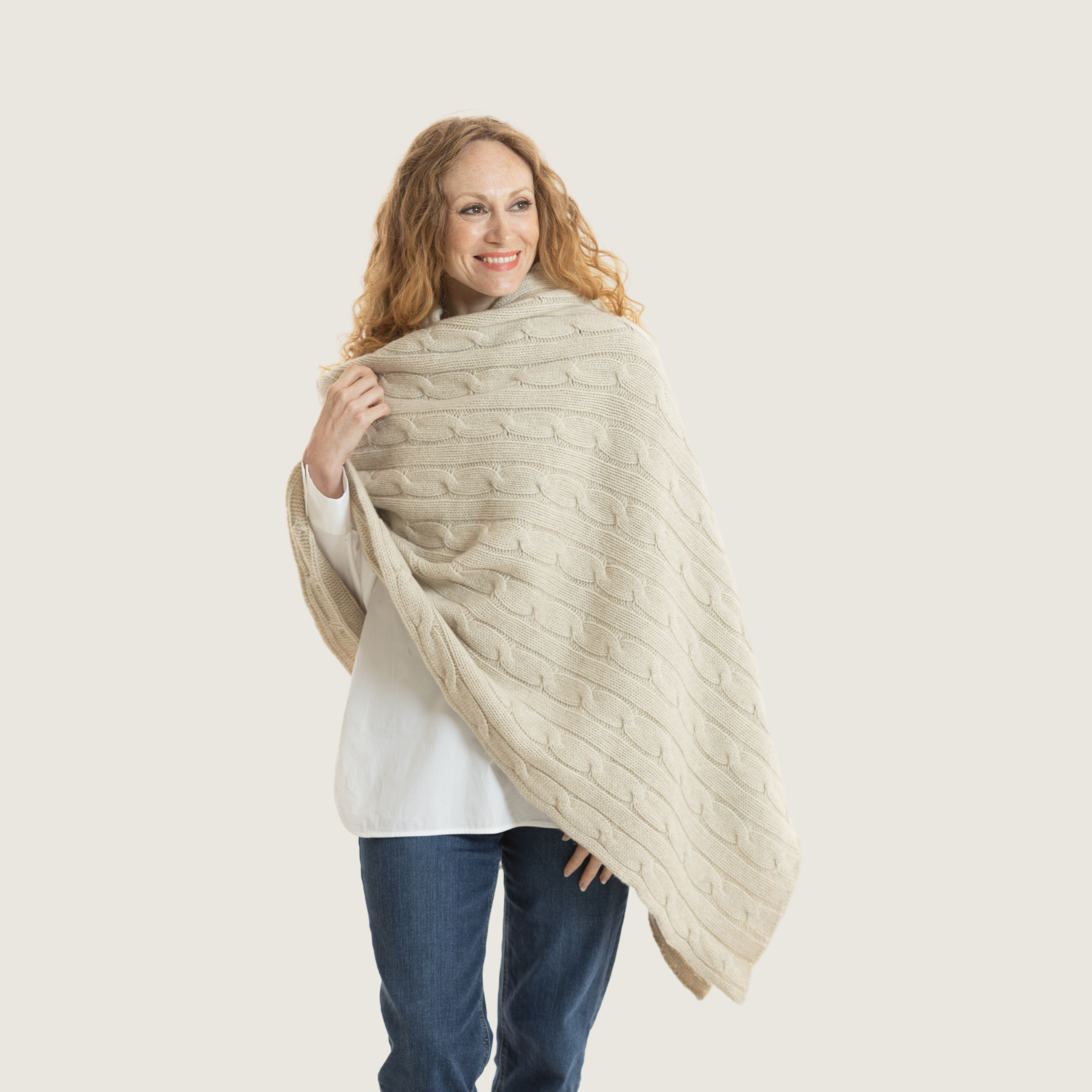 The Cashmere Knitted Cable Stole in Natural Stone