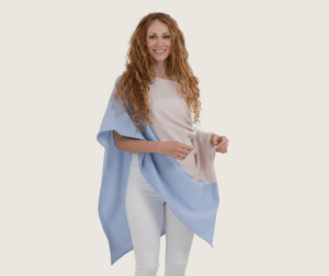 The Cashmere Relaxed Poncho in Natural/Light Blue - Teacup and Tova