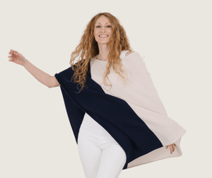 The Cashmere Relaxed Poncho in Natural/Navy - Teacup and Tova