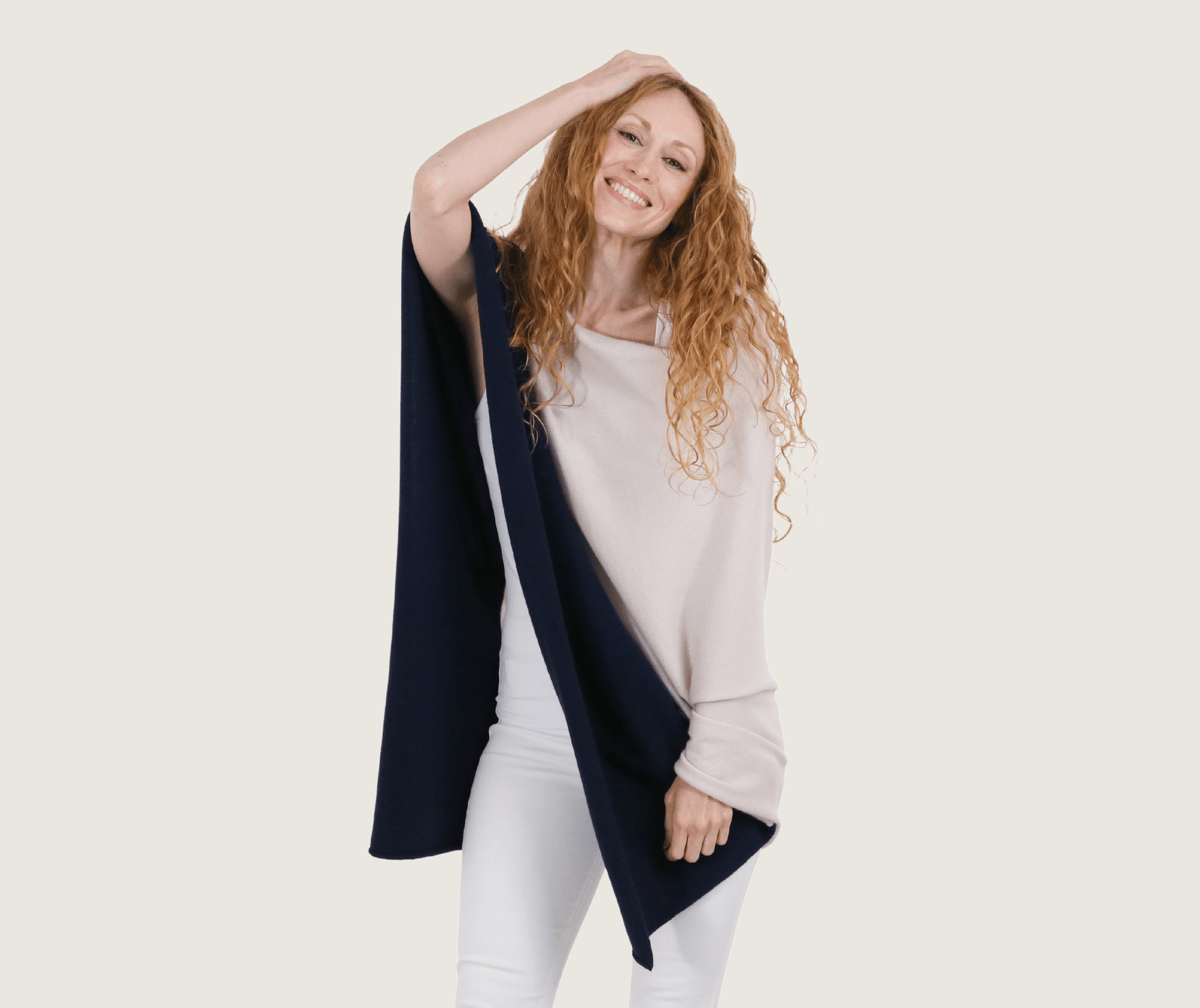 The Cashmere Relaxed Poncho in Natural/Navy - Teacup and Tova